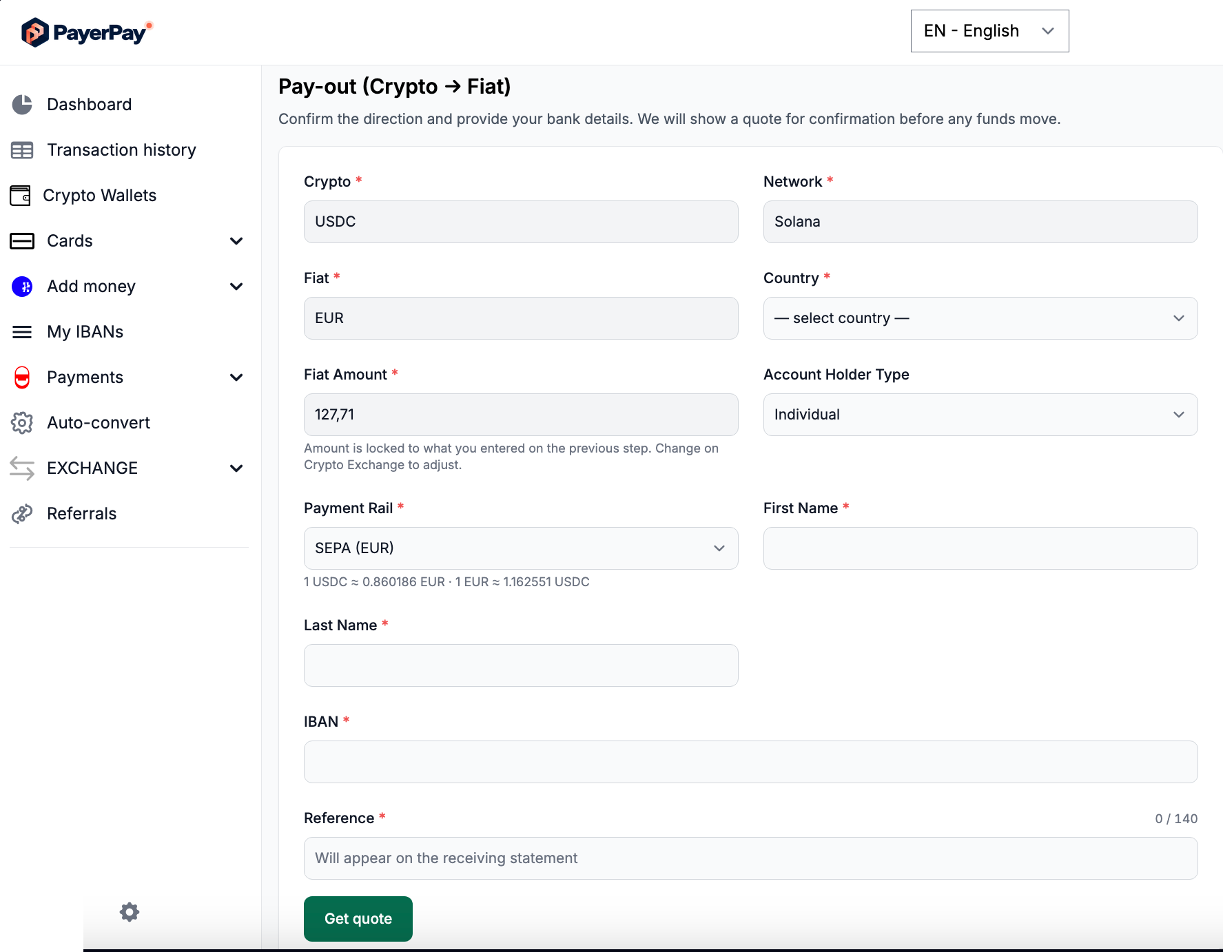 The Pay-out form with recipient bank details and payout parameters