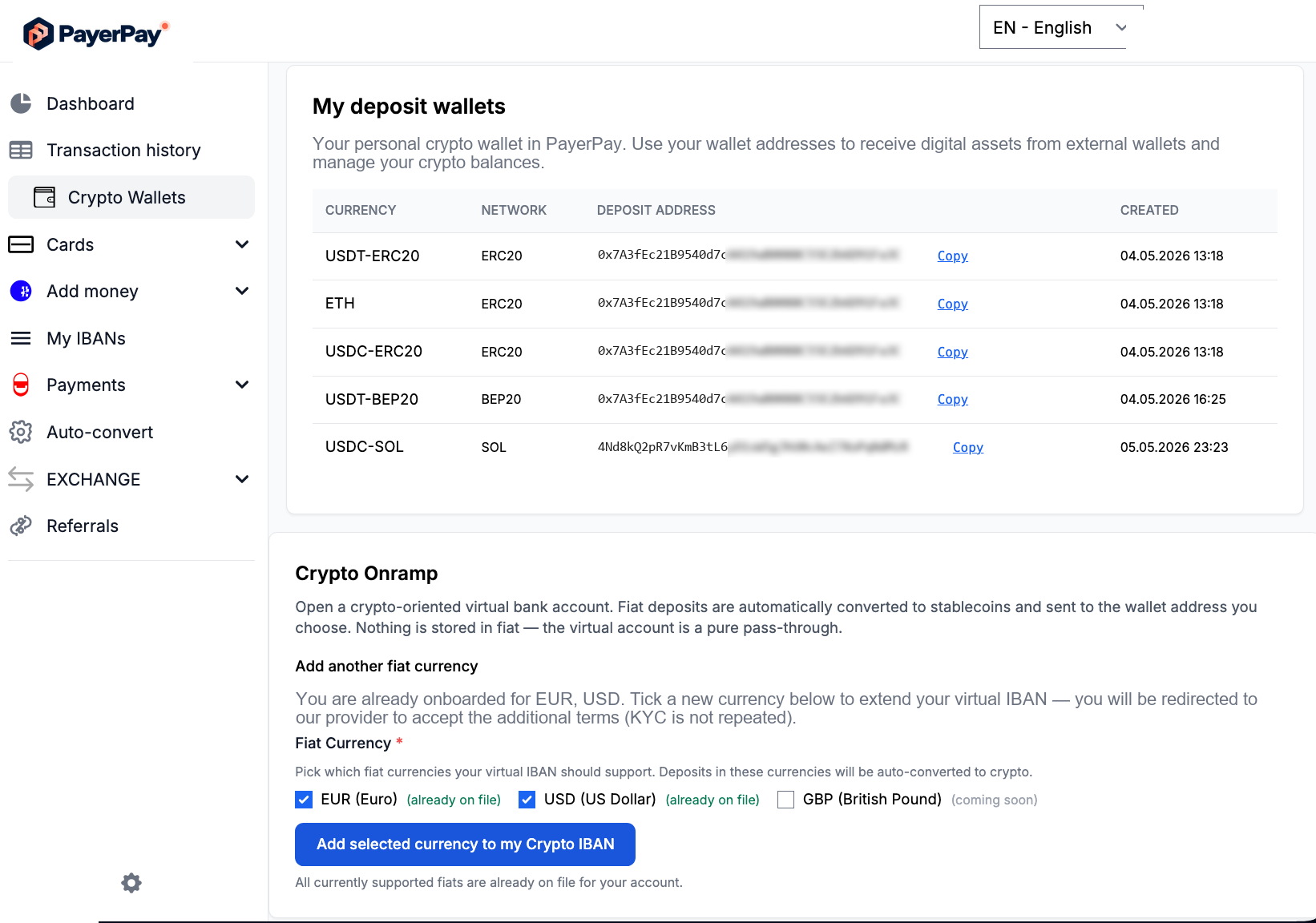 Crypto Wallets — My deposit wallets list and Crypto Onramp